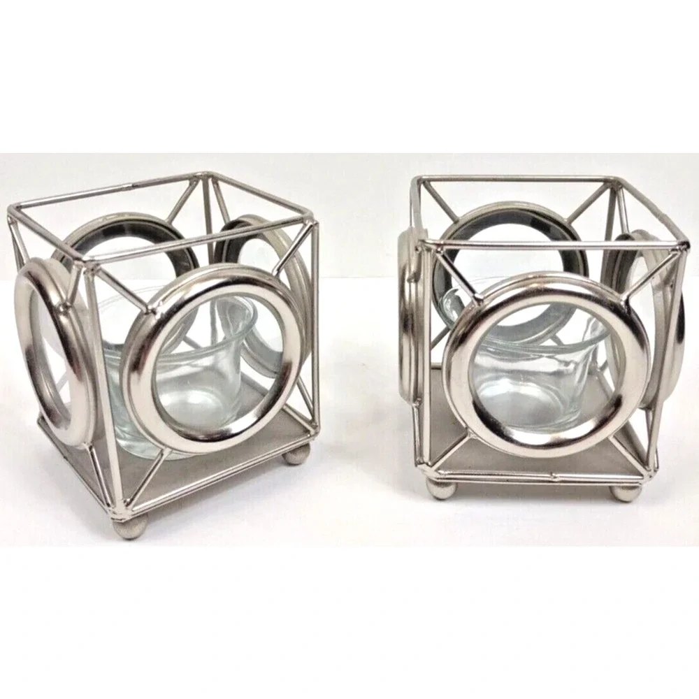 Metal and Glass Square Candle Holders 4 Sided Chrome Zodax Set Of 2 India